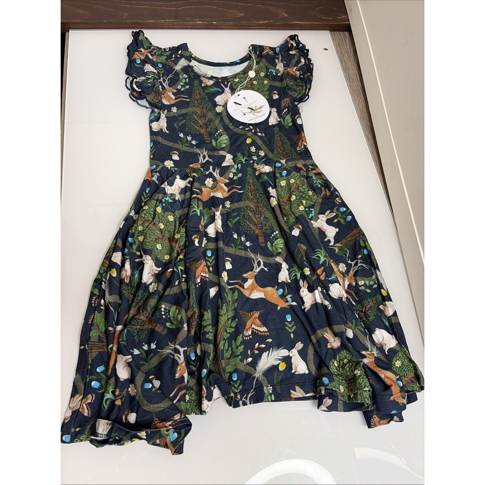Nev Clothing Girls 5T Bamboo Dress Navy Woodland Deer Rabbits Birds Trees NWT